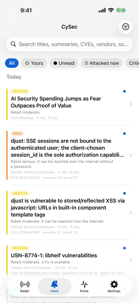 The Feed, newest first, each item with a severity label and a plain-English line beneath the headline, such as: working attack code for this is public, so anybody can use it.