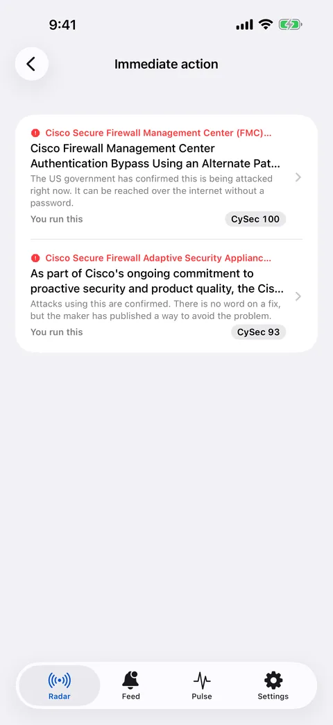 The Immediate action list, showing two Cisco firewall items. Each says in plain words that attacks are confirmed, and is marked: you run this.