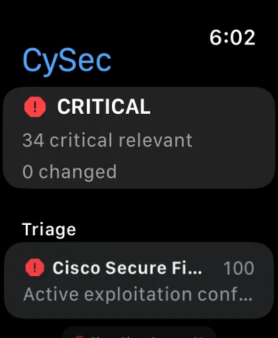 The CySec Apple Watch app showing Critical, 24 critical relevant, 0 changed, and a triage list.